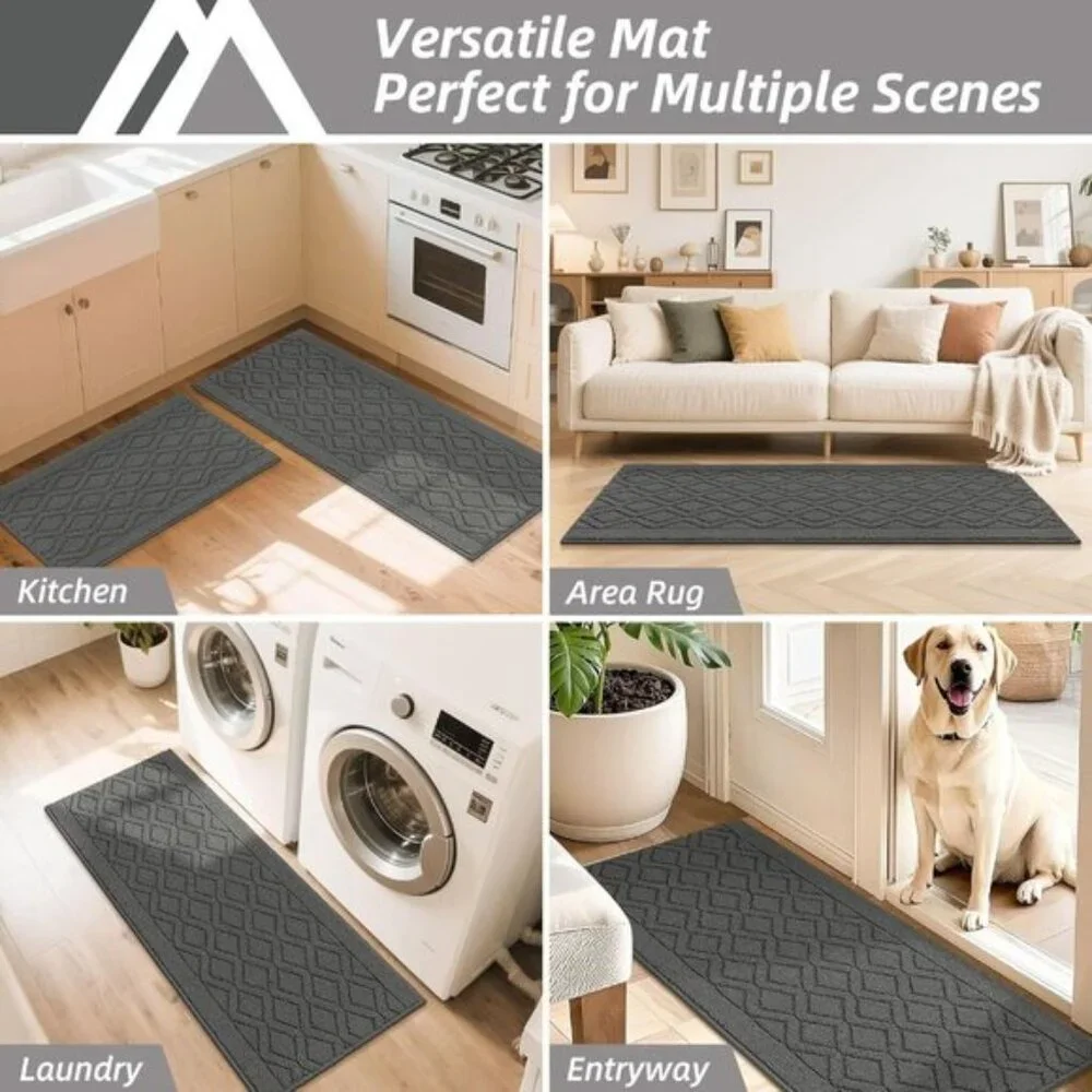 New 2-Piece Kitchen Rug Set, 48x20 & 30x20In Soft Non-Slip Washable Mats - Grey